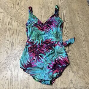 Vintage Rose Marie Reid Size 12 Teal Floral Palm Leaf One Piece Skirted Swimsuit